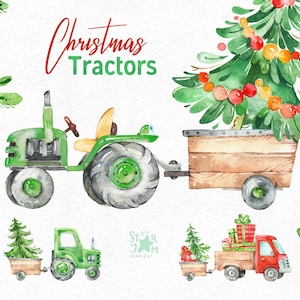 Kerst Tractoren Green. Aquarel Vakantie Land clipart, winter, vrachtwagen, vintage, boerderij, Boom, decoraties, nieuwjaar, vrolijk, schattig, leuk