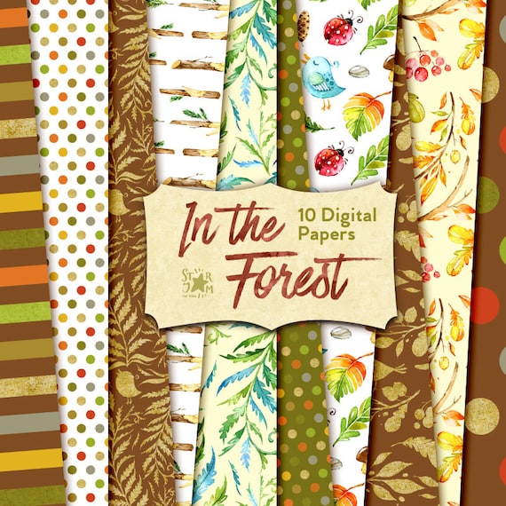In the Forest Digital Papers. Watercolor designer clip art, elk, planner, fabric, woodland, stickers, backdrop, baby shower, flowers, floral