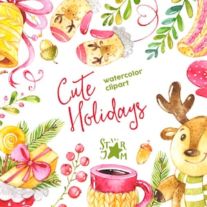 Feriados fofos. Clipart aquarela, natal, inverno, veado, sino, luvas, cartão de felicitações, faça você mesmo, cachecol, decoração, cone, árvore de pele, copo, alegre