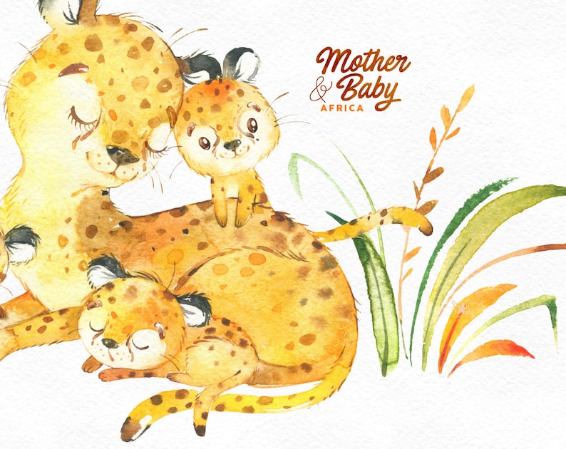 Watercolor animals clipart babyshower greeting cheetah kids wreath monkey floral family Africa Mother /& Baby elephant invite