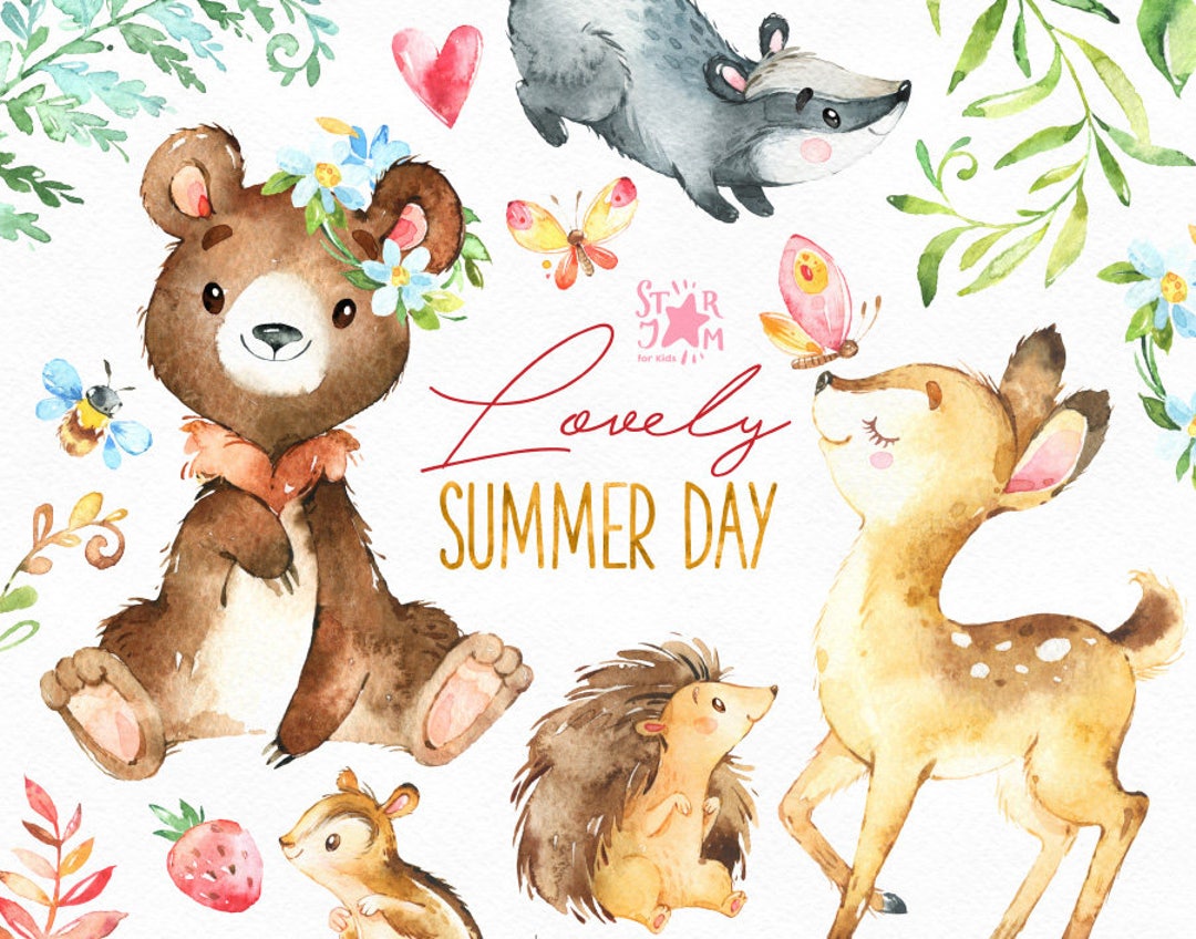 Lovely Summer Day. Forest Animals Clip Art, Watercolor, Chipmunk, Roe