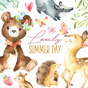 Precioso día de verano. Imágenes prediseñadas de animales del bosque, acuarela, ardilla, huevas, tejón, ciervo, oso, erizo, saludo, invitación, babyshower, bosque