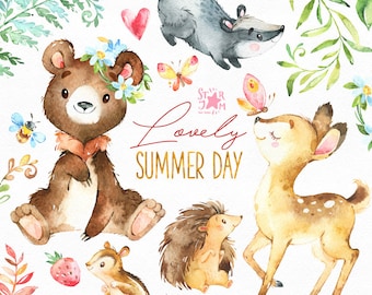 Precioso día de verano. Imágenes prediseñadas de animales del bosque, acuarela, ardilla, huevas, tejón, ciervo, oso, erizo, saludo, invitación, babyshower, bosque