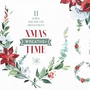Xmas Time Kransen en bloemstukken. Kerstmis Aquarel clipart, bloemen, bloemen, winter, poinsettia, vakantie, kaart, sjabloon, png