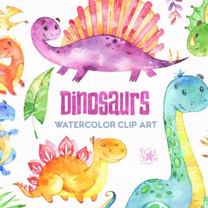Dinosaurs. Watercolor clip art, characters, cute dino's, floral, creatures, planners, tRex, multicolor, baby shower, stickers, kids, raptor image 1