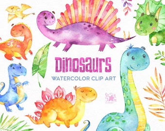 Dinosaurs. Watercolor clip art, characters, cute dino's, floral, creatures, planners, tRex, multicolor, baby shower, stickers, kids, raptor