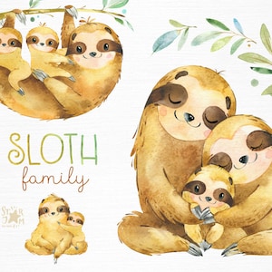 Sloth. Family. Watercolor animals clipart, sleepy sloths, mother, father, florals, babyshower, diy, kids, baby, cute, nursery, nature art