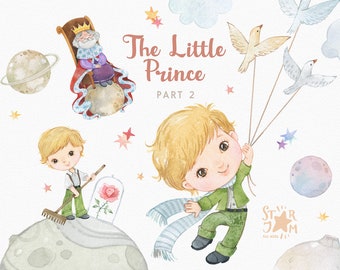 The Little Prince pt.2. Watercolor hand-painted clipart, party, birthday, gallery, printable, nursery, little boy gift, flying, quotes