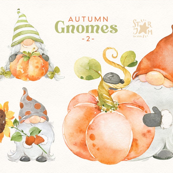 Herbstwichtel 2. Aquarell Herbst Clipart, Halloween, Erntedank, Sonnenblume, Ernte, Gruß, Kürbisse, scandi, floral, Kinder, diy