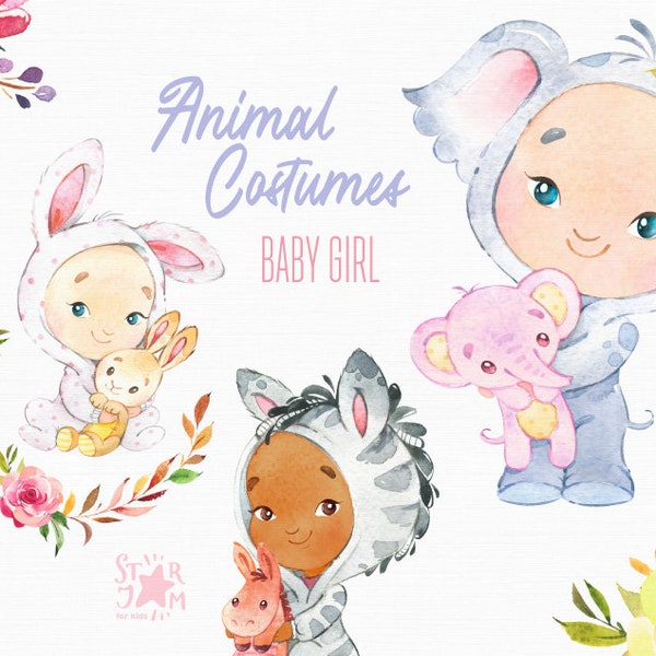 Animal Costumes Baby Girl. Elephant Bunny Zebra Watercolor little clipart, halloween, birthday, baby shower, flowers, nursery, party, safari