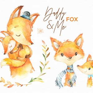 Papa & Moi. Fox Aquarelle animaux clipart, père, câlins, fête des pères, famille, invitation, floral, bulles, couronne, baby-shower, art de la crèche