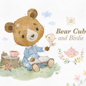 Cucciolo di orso e uccellino. Piccoli animali acquerello clipart, uccello, libro, tazza, fiori, baby-doccia, tea party, bosco, baby-doccia, arredamento vivaio