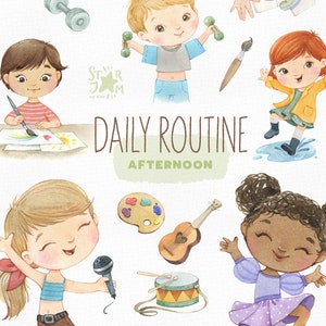 Daily Routine. Afternoon. Watercolor hand-painted clipart, outdoor walks, preschool png, kids daily activities, education printable image 1