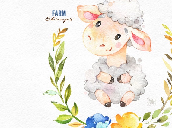 Digital Design Digital Files Watercolor Art| Cute Sheep with Flower Wreath File Instant Download