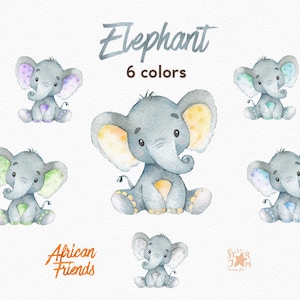 Elephant in 6 Colors. African Friends. Watercolor animals clipart, greeting, invite, PNG, cricut, cards, birthday, boy, girl, baby-shower