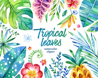 Tropical Leaves. 44 Floral Elements, watercolor clip art, jungle, flowers, pineapple, cards, diy, invite, baby, colorful, art, leaf, foliage