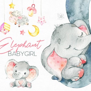Éléphant. Babygirl. Aquarelle petit animal clipart, afrique, enfant, rose, bottines, bavoir, famille, sommeil, salutation, enfant, bébé-né, babyshower