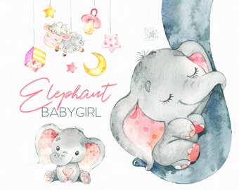 Elephant. Babygirl. Watercolor little animal clipart, africa, child, pink, booties, bib, family, sleep, greeting, kid, baby-born, babyshower