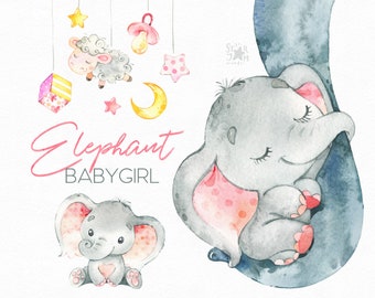 Olifant. Babymeisje. Aquarel klein dier clipart, afrika, kind, roze, laarsjes, slabbetje, familie, slaap, groet, kind, baby-geboren, babyshower