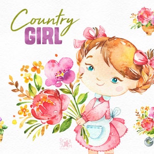 Fille de la campagne. Aquarelle clipart florale, fleurs, bouquets, ferme, ménage, récolte, action de grâce, campagne, automne, été, mignon, invite