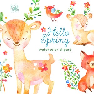 Bonjour Spring. Aquarelle animaux et clipart floral, cerf, renard, fleurs, oiseau, œufs, pâques, salutation, invitation, bois, cœur, couronne, bricolage