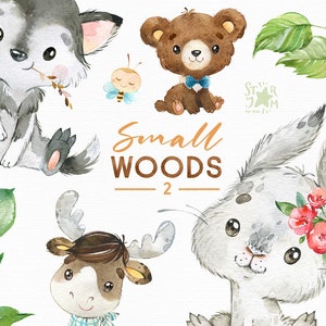 Small Woods 2. Little animals watercolor clip art, rabbit, moose, wolf, bear, florals, wreath, baby-shower, woodland, wild, forest, baby elk