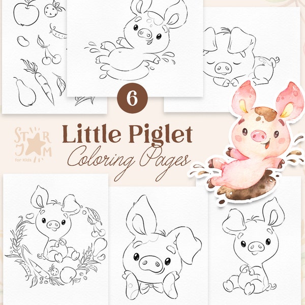 Little Piglet. Hand-drawn Coloring Pages, Digital Coloring Book, Printable Coloring Pages, Coloring Pig, Farm colouring book, digi piggy