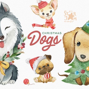Cani di Natale. Animali vacanze acquerello clip art, cuccioli, animali domestici, amici, carta, decorazione, paese, inverno, albero, carlino, regali, cappello, neve