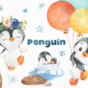 Pingüino bebé. Acuarela pequeño animal clipart, blanco, hielo, niño, cumpleaños, nieve, norte, mar, Navidad, nacido, baby-shower, flores