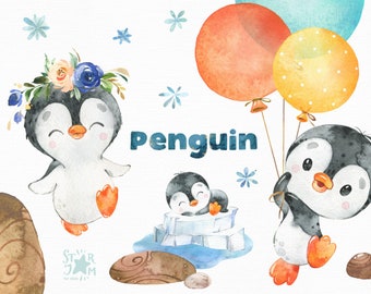 Baby Penguin. Watercolor little animal clipart, white, ice, kid, birthday, snow, north, sea, Christmas, baby-born, baby-shower, flowers
