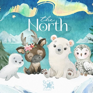 Der Norden. Aquarell Tier Clipart, Eisbär, Eule, Rentier, Robbe, Geburtstag, Schnee, Gruß, Nordlichter, Baby-Dusche, Weihnachten