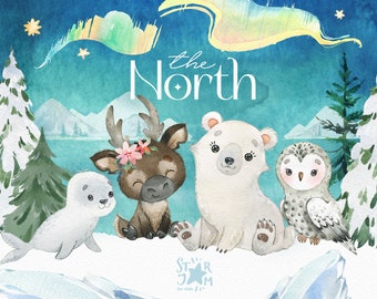 Może przedstawiać: Ilustracja akwarelowa przedstawiająca fokę, renifera z kwiatową koroną, niedźwiedzia polarnego i sowę. Tekst "the North" jest wyświetlany nad zwierzętami, z tłem gór, zorzy polarnej i ośnieżonych drzew. Logo Star Jam znajduje się na dole.