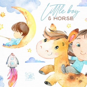 Kleiner Junge & Pferd. Aquarell Magie Clipart, Traum, Mond, Sterne, schlafend, Kinderzimmer, Baby-geboren, Baby-Dusche, beste Freundin, Rakete