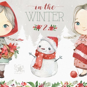 Dans l’hiver 2. Aquarelle de Noël clipart, petite fille, bonhomme de neige, cadre, fleurs, arbres, cartes, forêt, vacances, neige, enfants