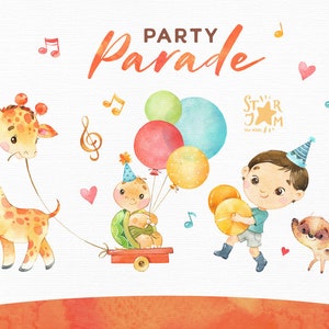 Partyparade. Aquarell Clipart, Junge, Tiere, Giraffe, Erdmännchen, Schildkröte, Geburtstagsballons, Gruß, Festival, Fest, Afrika, Musik, Baby