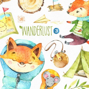Fernweh 3. Camp. Aquarell Tiere Clipart, Fuchs, Maus, Zelt, Karte, Boyscout, Reise, Wald, Abenteuer, Schlafsack, wild, Babyshower