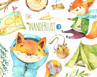 Wanderlust 3. Camp. Watercolor animals clipart, fox, mouse, tent, map, boyscout, travel, forest, adventure, sleeping bag, wild, babyshower