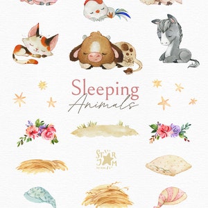 Sleeping Animals. Farm. Watercolor clipart, cow, pig, horse, cat, sheep, pillow, moon, country, template, stars, clouds, dream, png, nursery image 2