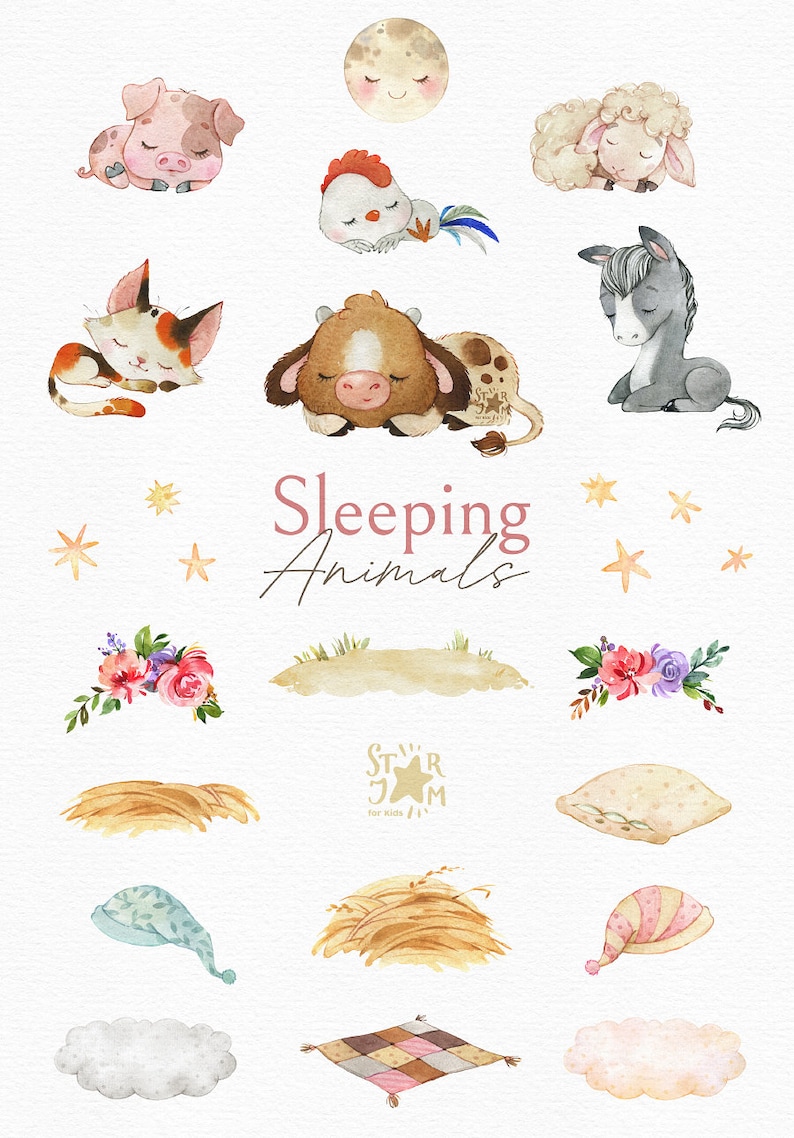 Sleeping Animals. Farm. Watercolor clipart, cow, pig, horse, cat, sheep, pillow, moon, country, template, stars, clouds, dream, png, nursery image 2