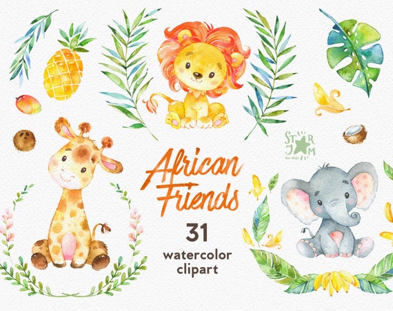african friends watercolor animals clipart lion elephant etsy
