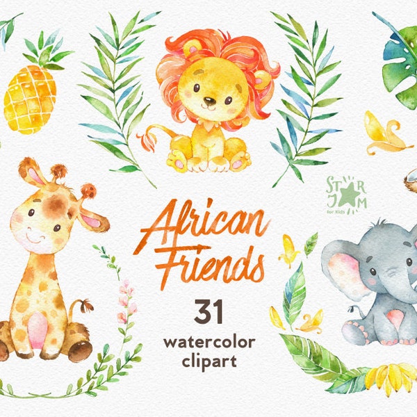 African Friends. Elephant, Lion, Giraffe. Watercolor animals clipart, coconut, pineapple, greeting, invite, flowers, floral, starjamforkids