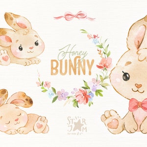 Honighase. Aquarell Clipart, Hase, Kind, Mädchen, Junge, Ostern, blumen, schön, Kinder, Baby, Babyparty, Kranz, Kuchen, Geburtstag