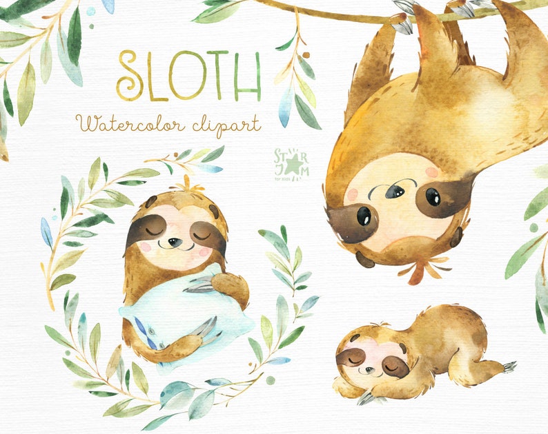 Sloth. Little animals watercolor clipart, sleepy sloths, wreath, florals, babyshower, kids, baby, cute, nursery, branches, starjamforkids image 1