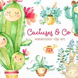 Cactuses & Co. Cute Floral aquarela clip art, suculentas, vasos, flores, sorriso, cartões, faça você mesmo, convite, bebê, colorido, folhagem, adesivos