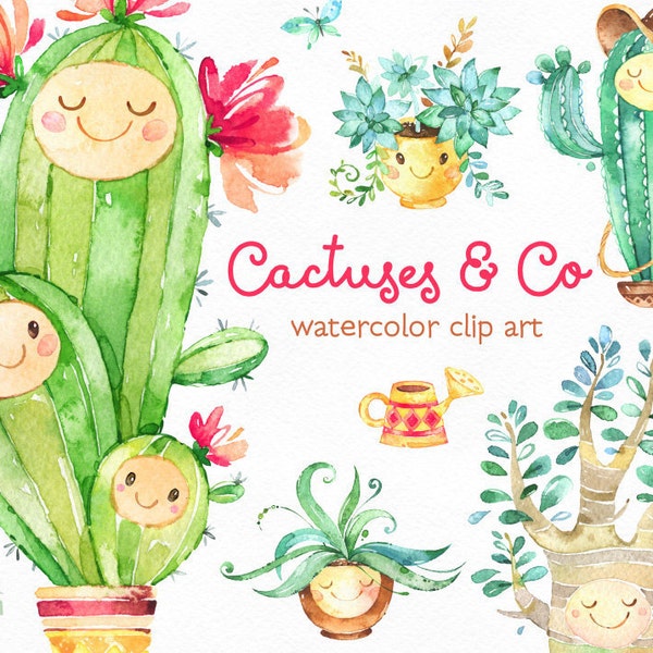 Cactuses & Co. Cute Floral watercolor clip art, succulents, potted, flowers, smile, cards, diy, invite, baby, colorful, foliage, stickers