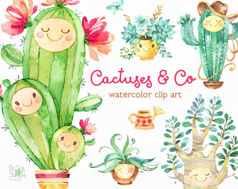 May include: Watercolor clip art featuring smiling cacti and succulents in pots. The image includes the text "Cactuses & Co" and "watercolor clip art". The illustrations are in shades of green, yellow, and pink, with a whimsical and cheerful style.