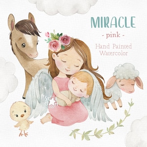 Miracle. Rose. Clipart aquarelle. Nouveau-nés, ange, fête des mères, créatures de la ferme, petite fille, premier anniversaire, baby shower png