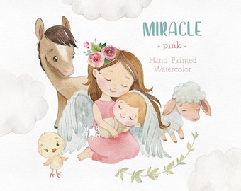 Miracle. Pink. Watercolor clipart. Newborn babies, angel, mothers day, farm critters, little girl, first birthday, baby-shower, baby png