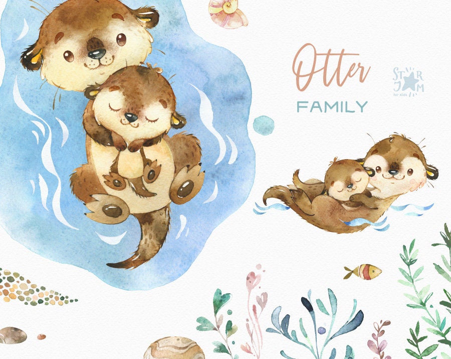 Otter Family. Watercolor little animal clipart mother & baby | Etsy