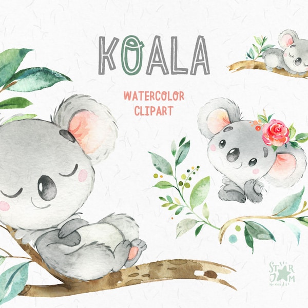 Koala. Little animals watercolor clipart, Australia, koala bear, watercolor, flowers, babyshower, kids, baby, cute, nursery starjamforkids